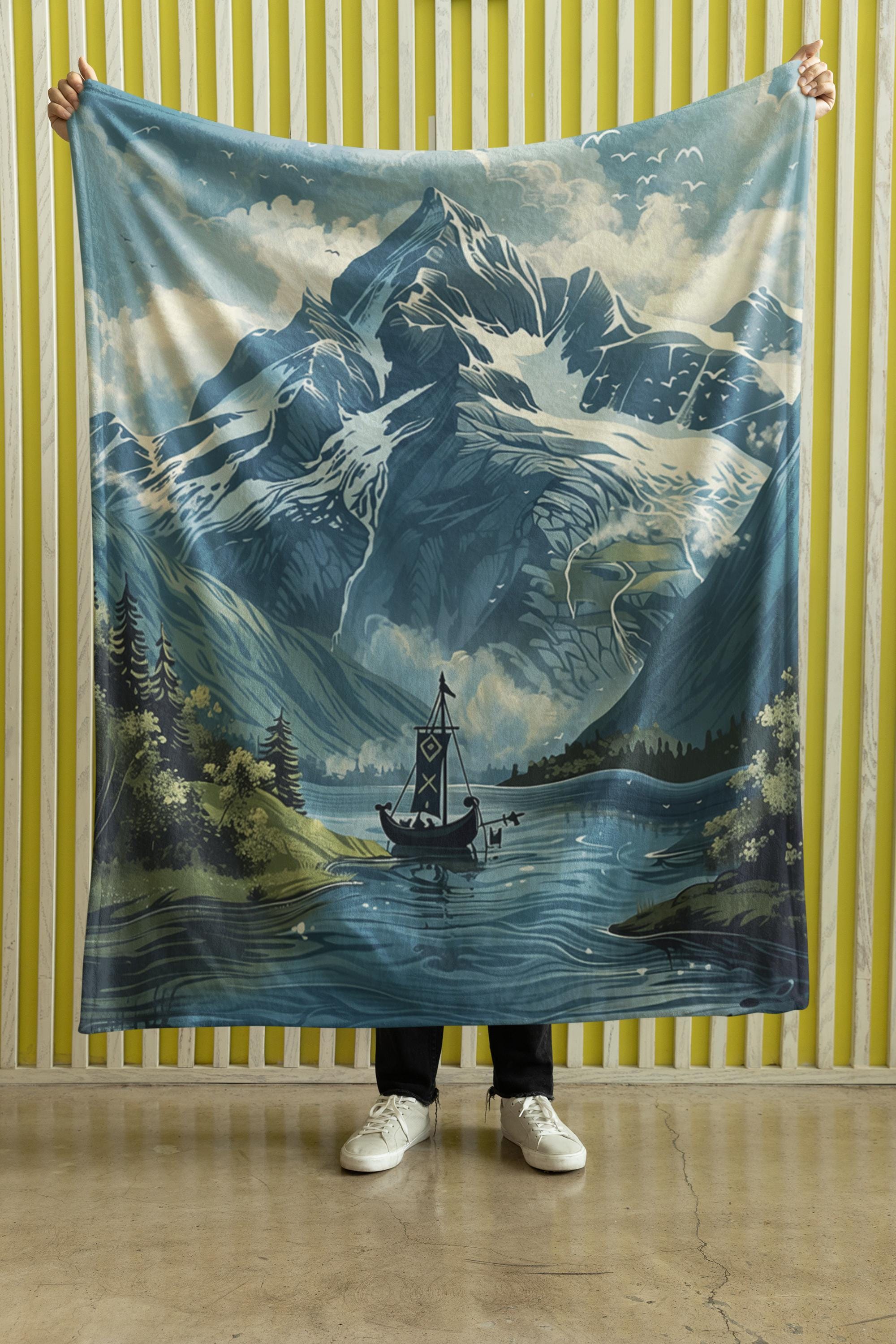 Viking Mountain Fjord Longboat Fleece Blanket