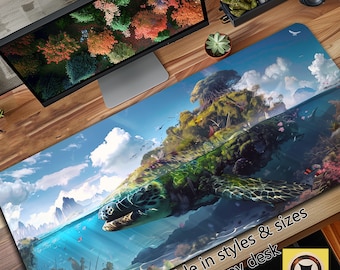 Fantasy and Ocean Lovers Desk Mat Featuring Giant Sea Turtle Moving Island Art, Game Table Decor, Gaming Mousepad XL, Beachy Gifts