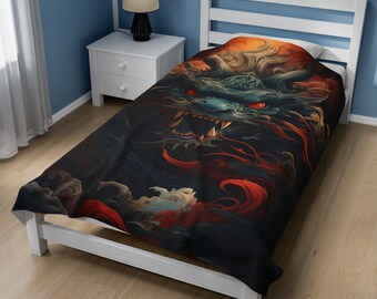 Manta de felpa de terciopelo con diseño de dragón encantador: acogedora manta de arte fantástico, decoración de habitación con dragones, criatura mística para el hogar