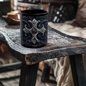 May include: Black ceramic mug with a white ornate cross design. The cross is surrounded by a dark blue and gray floral pattern.