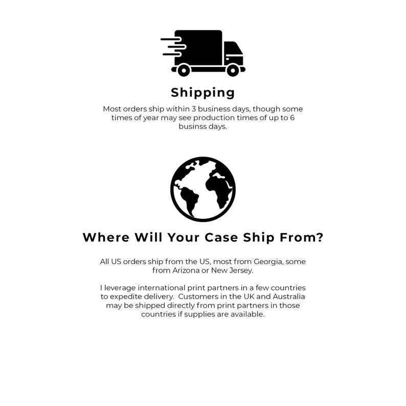 Pu&ograve; includere: Illustrazione in bianco e nero di un camion di consegna con il testo "Shipping" e informazioni sui tempi di spedizione. Illustrazione in bianco e nero di un globo con il testo "Where Will Your Case Ship From?" e informazioni sulle localit&agrave; di spedizione.