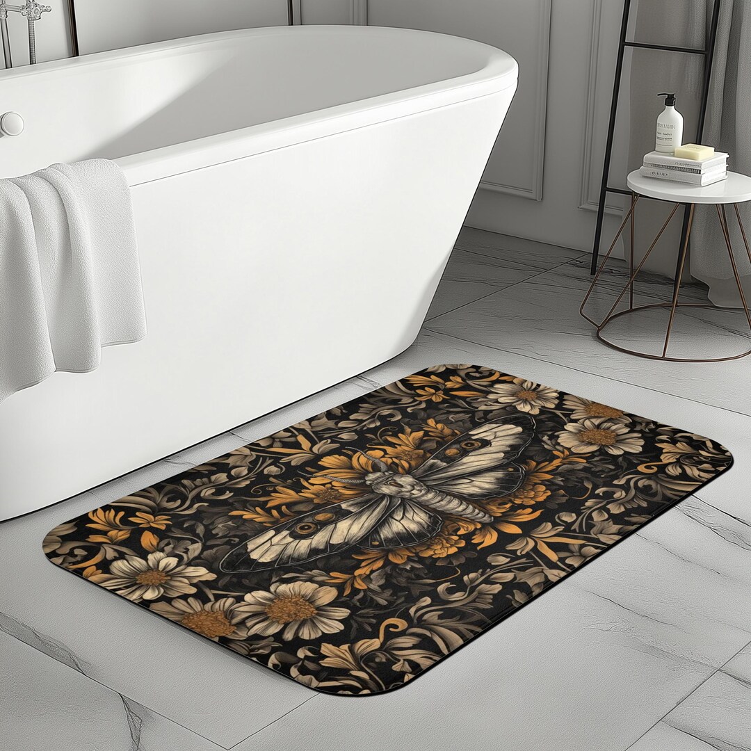 Art Nouveau Floral Moth Bath Mat Rug - Moth Lovers Bathroom Decor ...