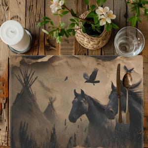 May include: A placemat with a vintage-style design featuring black horses, teepees, and flying birds. The placemat has a distressed paper texture and is bordered with a stitched edge. A knife and spoon are placed on the placemat.