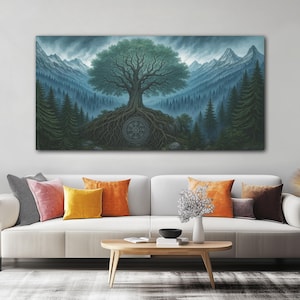 Viking Yggdrasill Fantasy Canvas Wall Art Print - Norse Mythology Home Wall Decor - Viking Gifts - Viking Decor - Office Wall Hanging