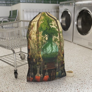 Witchy Botanical Plants and Potions Laundry Bag, Drawstring Travel Laundry Bag for College, Home or Holiday