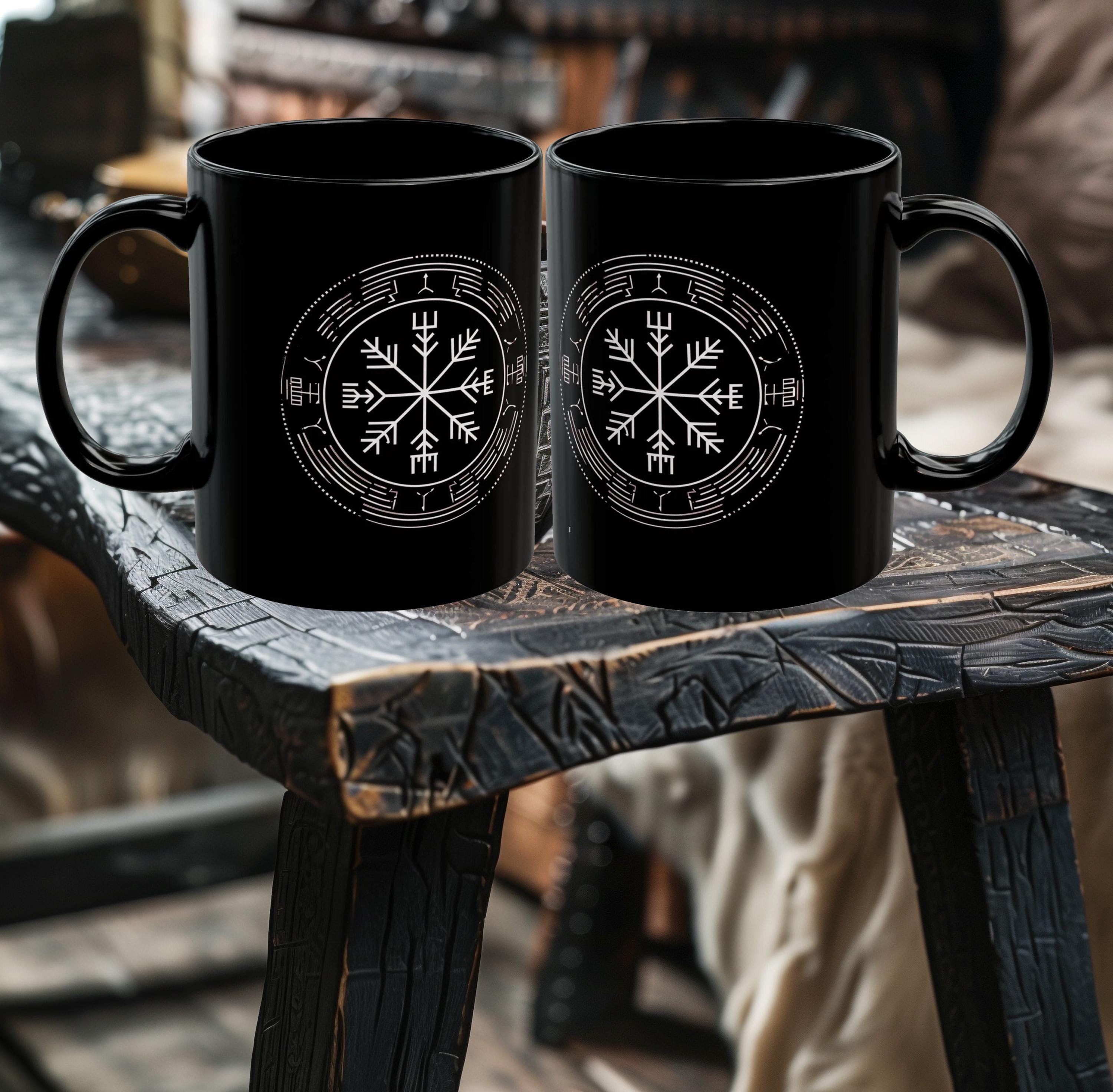Viking Symbol Nordic Art Black Ceramic Coffee Mug, 11oz or 15oz