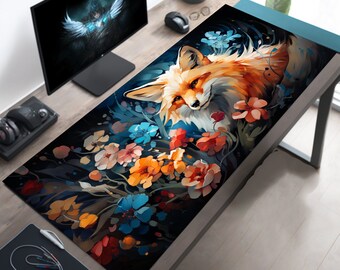 Cute Large Desk Mat with Japanese Red Fox Design, Extended Botanical Aesthetic Mousepad, Large desk Pad, Fox Mouse Pad