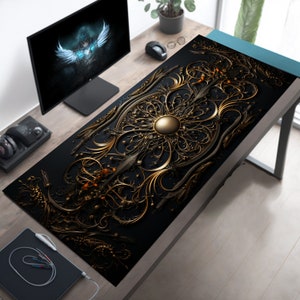 Alfombrilla de escritorio gótica con espirales abstractas en dorado y negro, alfombrilla de ratón estética, alfombrilla de ratón gótica en varios estilos y tamaños