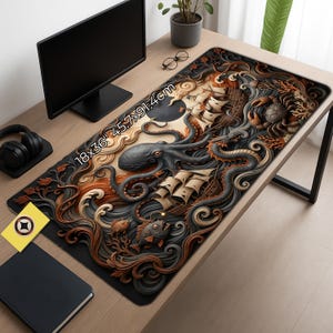 May include: A large black desk mat with a detailed nautical design featuring an octopus, ships, and sea creatures. The mat measures 18x36 inches (45.7x91.4cm). The artwork is in shades of black, brown, and orange.