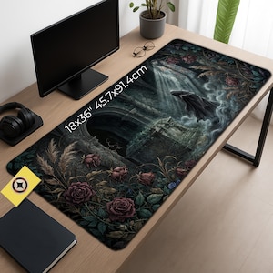 May include: A rectangular desk mat with a gothic fantasy scene. The mat features a dark color palette with a castle, roses, and a figure in a cloak. The mat measures 45.7cm x 91.4cm.