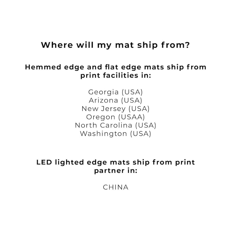 May include: White background with black text. The text asks, "Where will my mat ship from?" and lists locations in the USA for hemmed and flat edge mats, and China for LED lighted edge mats.