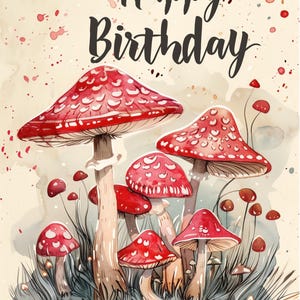Cartão de feliz aniversário de cogumelos fofos caprichosos, cartão de aniversário de cogumelo, cartão de download instantâneo, design de cartão para impressão em casa