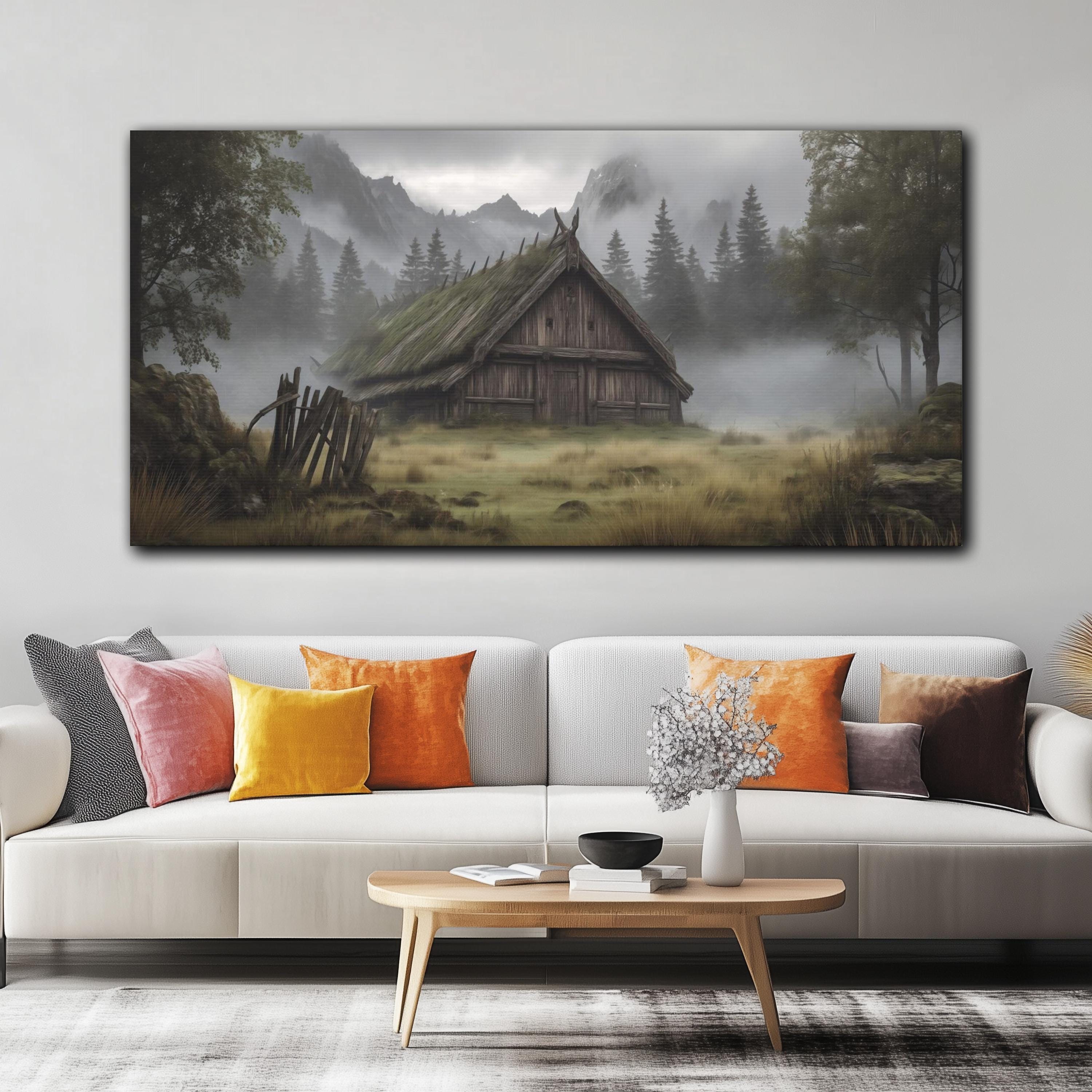 Viking Longhouse in a Misty Valley Canvas Wall Art