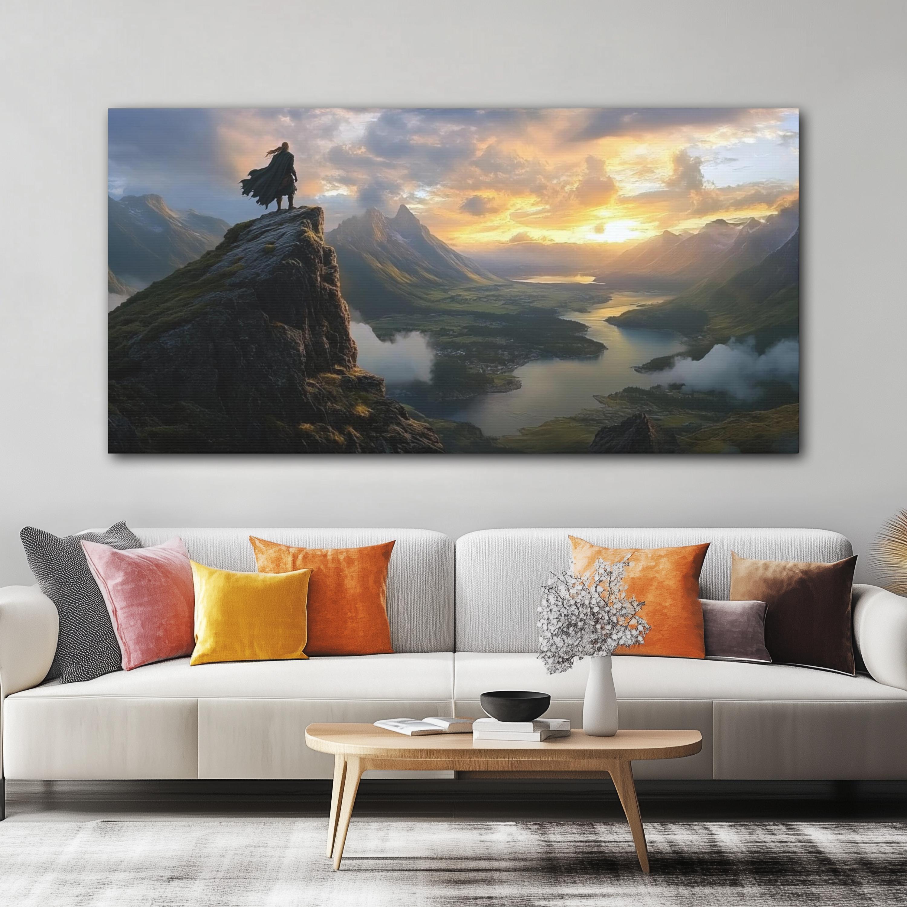 Nordic Fjord Sunrise with Viking Overlook Canvas Art Print