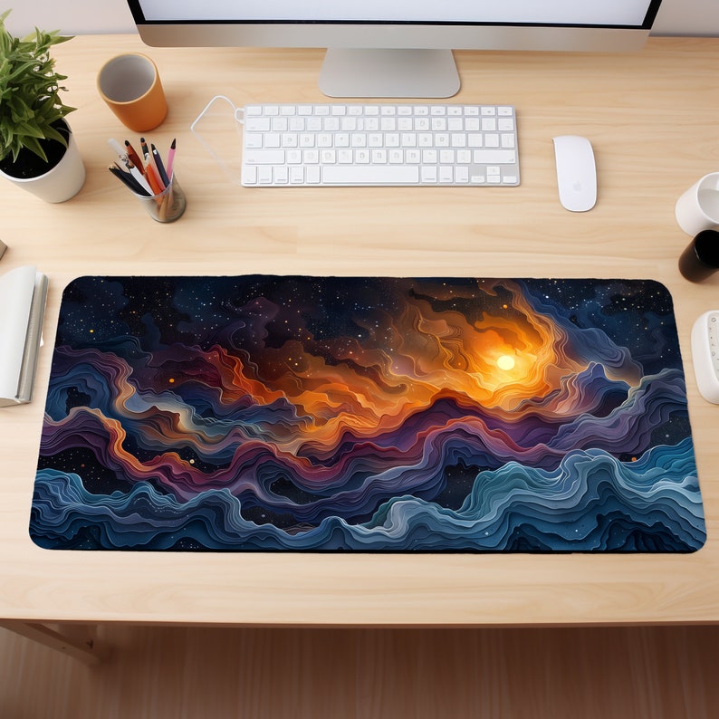 Galactic Dance of Light and Clouds, Deep Space Gaming Desk Mat Mouse Pad XXL, Pastel Cloud Waves Mousepad XL, Gamer Gift image 3