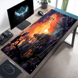Alfombrilla de escritorio de estilo japonés de primavera con diseño de pueblo de anime, alfombrilla de ratón estilo manga con diseño de sol naciente, decoración kawaii de cielo colorido XL para el espacio de trabajo, bonitos accesorios de escritorio.