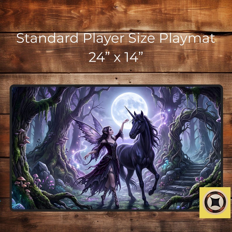 May include: A standard player size playmat featuring a fantasy scene with a fairy and a black unicorn in a moonlit forest. The playmat measures 61 cm x 36 cm.