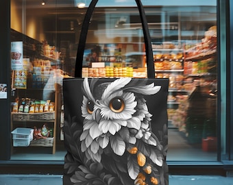 Cute Gray Owl Tote Bag - Owl Grocery Bag - Owl Art Reusable Shopping Bag - Travel Tote Bag - Beach Bag - Gift for Wife -  Owl Gifts