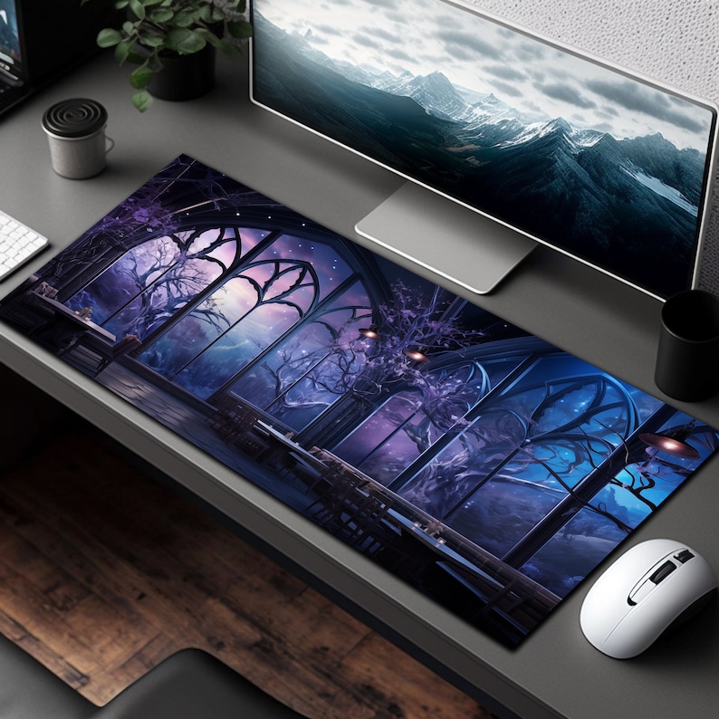 May include: A large, rectangular mousepad with a dark blue and purple background. The image features a large, intricate window with a view of a starry night sky and a forest. The window is framed by a dark, gothic-style archway.