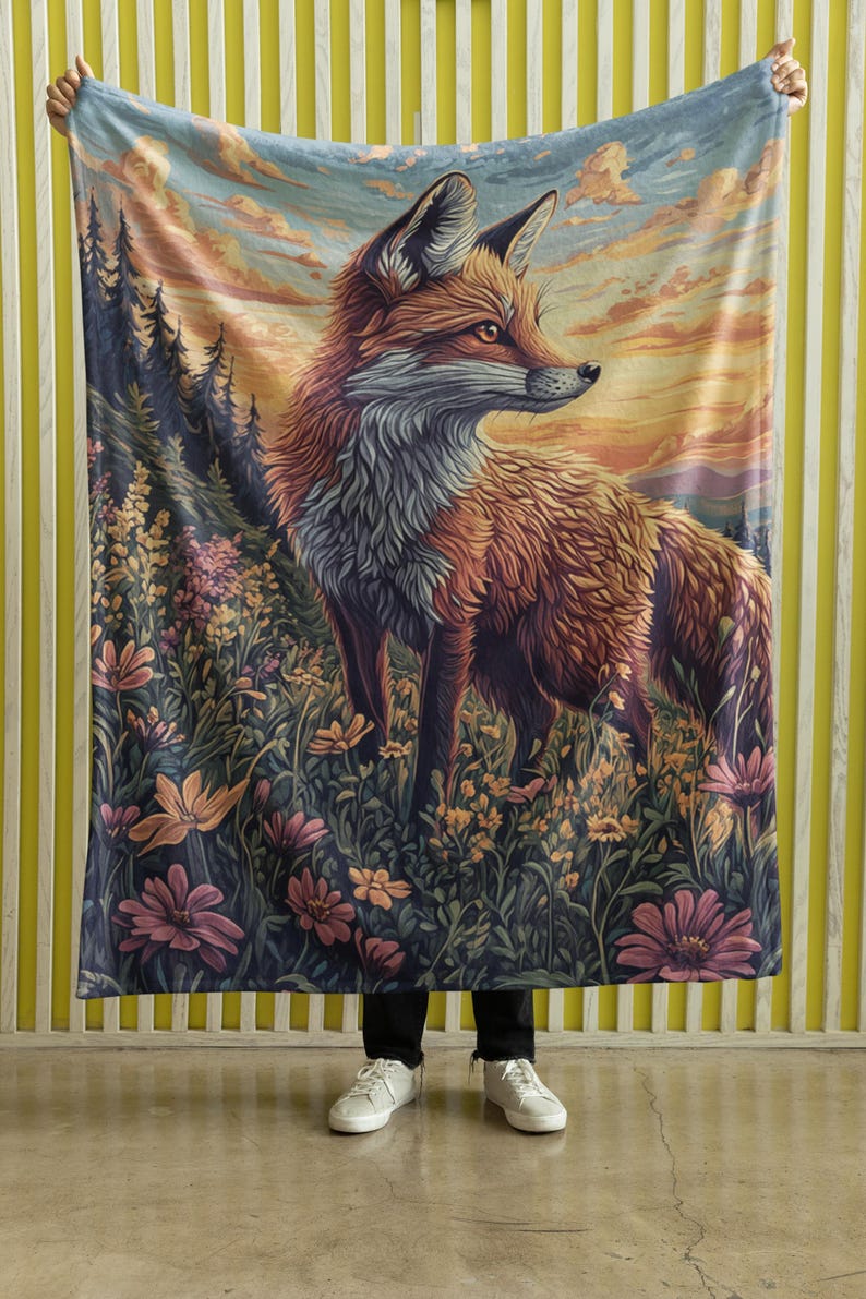 May include: A tapestry featuring a red fox standing in a field of wildflowers. The fox is looking to the right, and the background is a sunset sky with clouds.