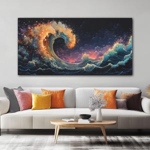 May include: A large rectangular canvas print depicting a stylized ocean wave. The wave crests with orange and yellow hues, contrasting with the deep blue and teal of the water. The artwork evokes a sense of movement and energy.