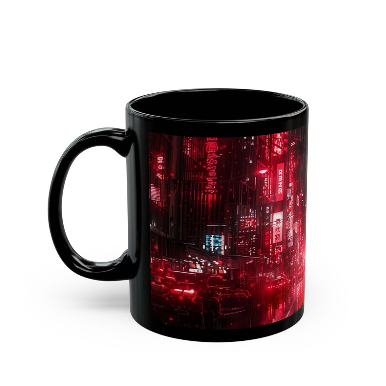 Neon Red Cyberpunk City in the Rain - Gamer Mug - Gift for Husband, Son, Dad, Boyfriend, 11oz or 15oz Black Ceramic Mug image 4