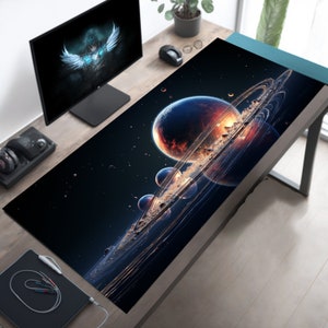 Cosmic Rings and Moons Desk Mat, Extended Fantasy Space Mousepad XL, Large Gaming Pad with Planetary Imagery
