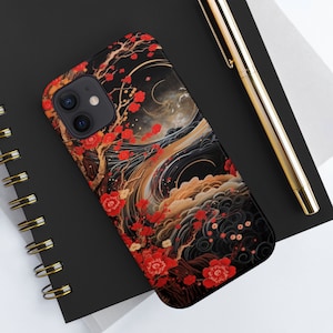 Abstract Japanese Red Sakura & Bonsai iPhone Tough Case, Unique Art Design, Stylish Protection, Zen Aesthetics, Wireless Charging Compatible