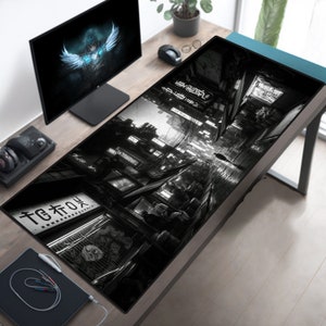 Tokyo Gaming Table Streets of Tokyo Mouse Pad Black and White LoFi Japan Desk Mat Japanese Desk Accessory Asian Office Decor Aesthetic City