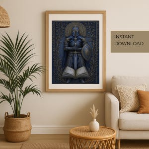 Knight Guardian with Grimoire - Medieval Fantasy Armor Art Print, Ornate Heraldic Wall Decor, Instant Download Poster
