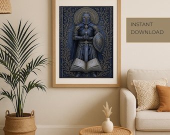 Knight Guardian Art Print: Medieval Fantasy Armor, Ornate Heraldic Decor (Instant Download Poster)