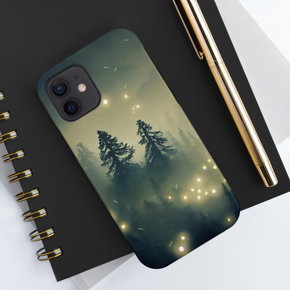 Evergreen Forest Silhouette & Fireflies iPhone Tough Case - Green Aesthetic for Nature Lovers