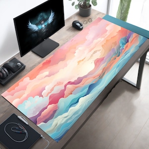 Pastel Cloudtop Sunrise Desk Mat Kawaii Mouse Pad, Cute Desk Pad, Aesthetic Mousepad, Large Mousemat, Extended Computer Keyboard Mat