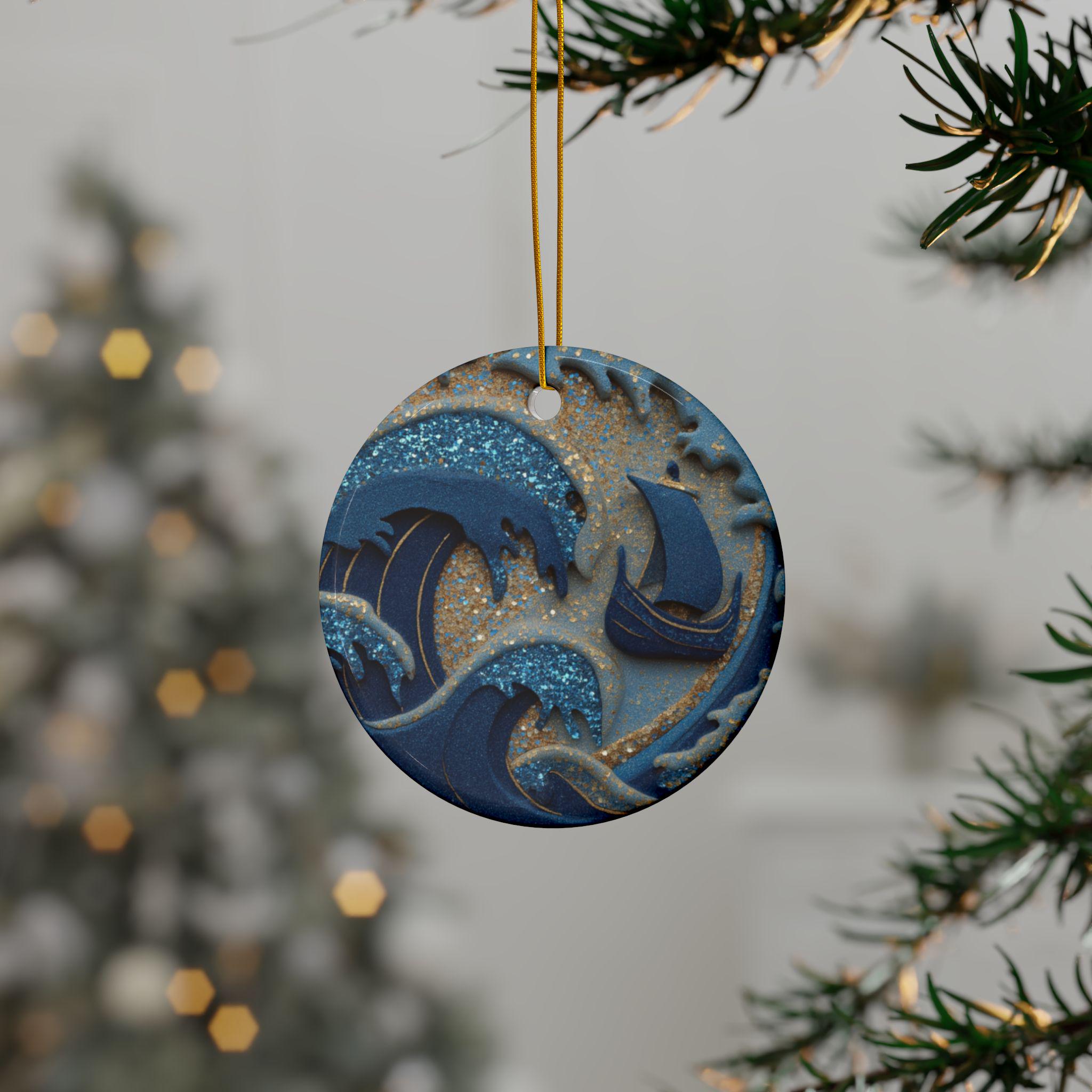Viking Voyage Ceramic Christmas Ornament with Icy Blue Waves