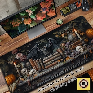 Dark Academia Desk Decor - Witchy Herbalist Deskmat - Bat Deskpad - Gothic Desk Mat - Goth Desk Pad - Gift for Goths