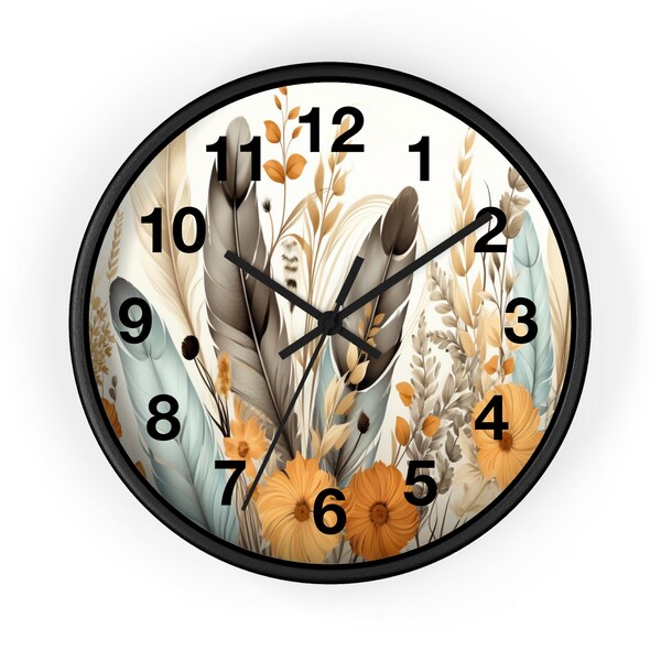 Horloge murale, style amérindien Cottagecore Floral et plume, horloge murale florale, horloge murale en plumes