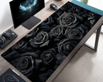 Matte Black Roses Desk Mat, Goth Desk Pad, Gothic Mousepad, Dark Aesthetic Mouse Pad, Dark Gaming Desk Mat, Lofi Desk Mat