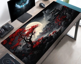 Riverside Japan Full Moon in Black and Red, Long Mouse Pad, Extra Large Mousepad, Gaming Desk Mat, Japanese Desk Pad