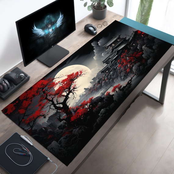 Riverside Japan Full Moon in Black and Red, Long Mouse Pad, Extra Large  Mousepad, Gaming Desk Mat, Japanese Desk Pad 