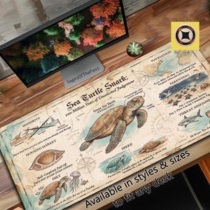 Op de afbeelding: Een bureaumat met een illustratie van een zeeschildpad en de tekst "Sea Turtle Snark: 200 Million Years of Unsolicited Judgement." De mat bevat verschillende afbeeldingen en tekst, met "Available in styles & sizes to fit any desk."
