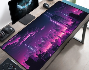 Cyberpunk Los Angeles, Retrowave Mousepad, Gamer Desk Setup, Gaming Mousepad XL, Gaming Desk Mat, Gaming Desk Pad XXL