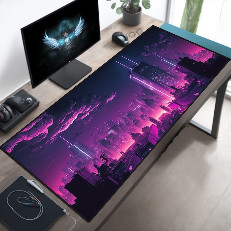 Cyberpunk Los Angeles, Retrowave Mousepad, Gamer Desk Setup, Gaming Mousepad XL, Gaming Desk Mat, Gaming Desk Pad XXL image 1