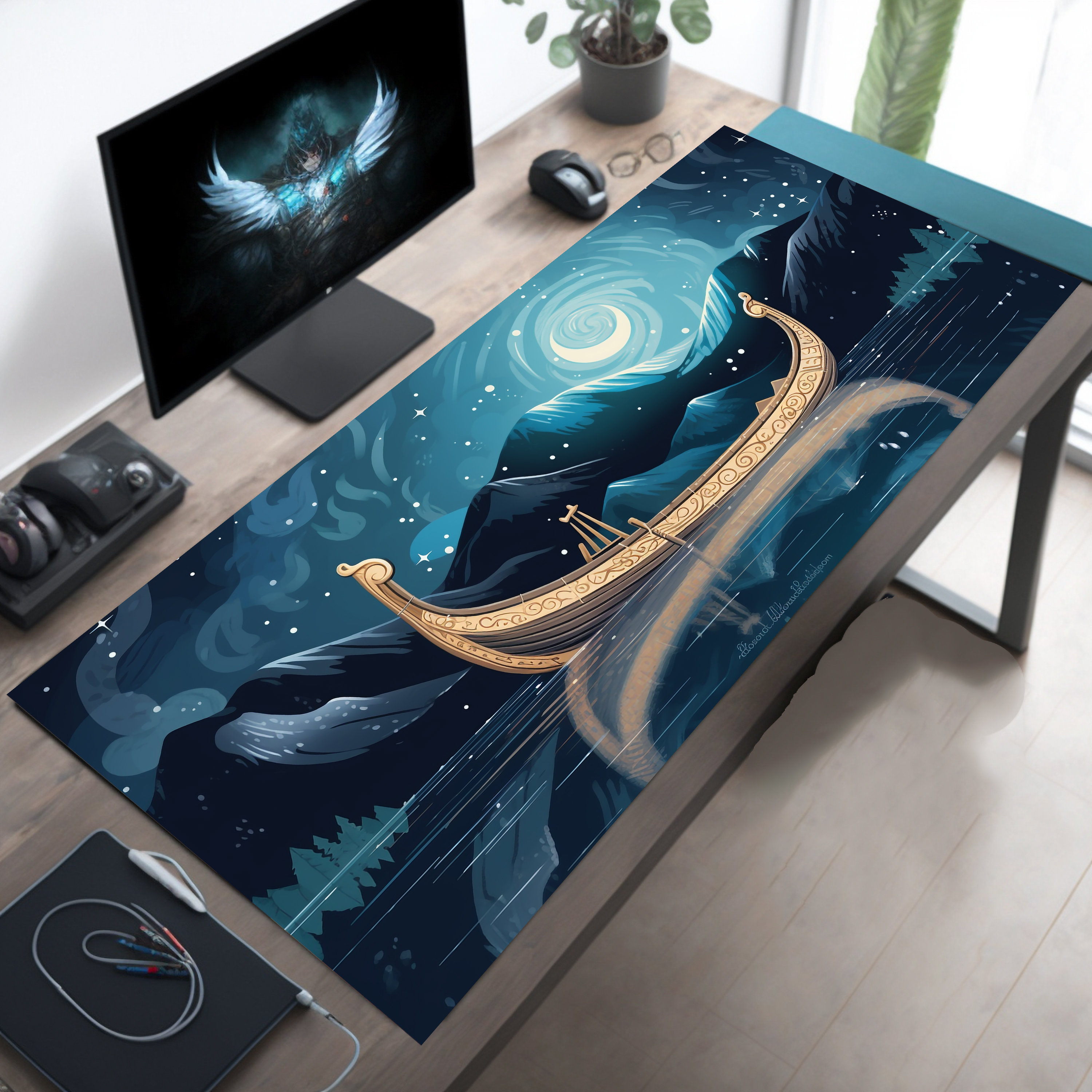 Viking Longship Desk Mat with Anime-Style Night Fjord Scene