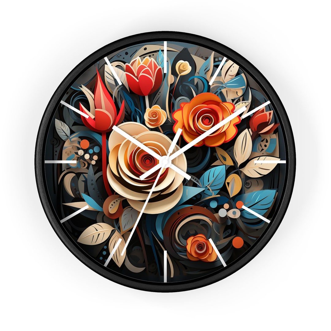 Rose Art Cute Round Wall Clock Floral Wall Clock Rose Clock Etsy