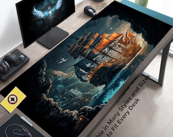 Desk Mat, Fantasy Pirate Ship Large Mouse Pad, Cute Gaming Desk Pad, Gaming Desk Mat, Pirate Playmat,   Play Mat, Pirate Desk Mat Mousepad