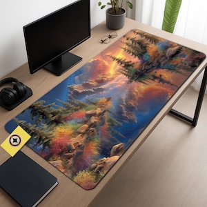 May include: A rectangular desk mat with a colourful landscape design, including a sunset, mountains, and trees. The image has a rainbow effect, with blue and orange hues. The mat is designed to protect the desk surface, and measures approximately 80cm in length.