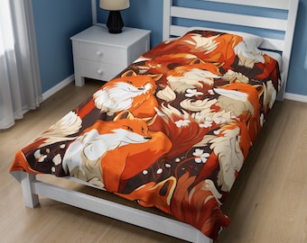 Cute Japanese Fox Blanket, Cute Fox Blanket, Fox Room Decor, Fox Throw Blanket, Velveteen Plush Blanket