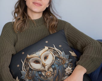 Art Deco Inspired Barn Owl Pillow, Goth Throw Pillow, Goth Accent Pillow, Goth Home Decor, Goth Living Room, Goth Decor, Square Pillow