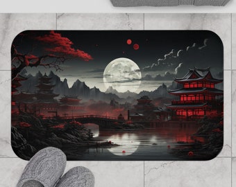 Japanese Art Bathroom Rug, Japan Bath Rug, Black and Red Bath Mat, Asian Entryway Rug, Japan Kitchen Rug