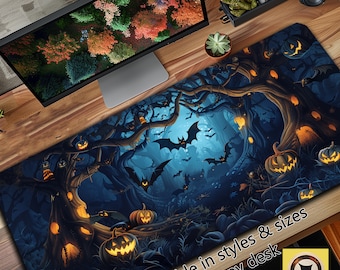 Spooky Desk Decor, Bats and Jack-o-Lanterns Desk Pad, Haloween Desk Mat